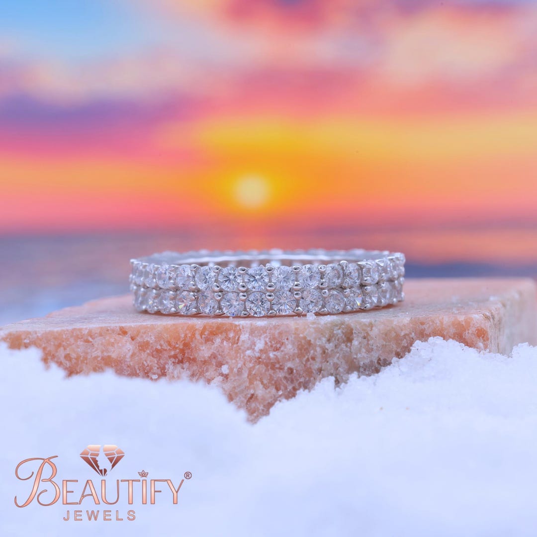 Double Row Eternity Band Round Cut Lab Grown Diamond Wedding Ring ...