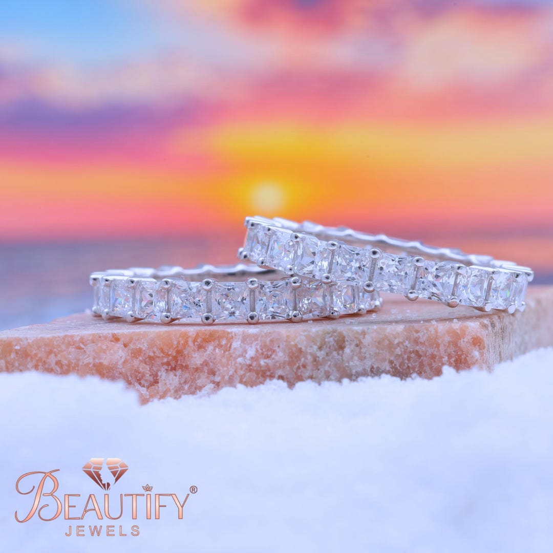 Double Row Round Diamond Eternity Band Set Wedding Band Round Lab ...