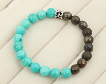 Pyrite and Turquoise  Bracelet  Grounding Stability wealth prosperity Crystal Bracelet  Natural Stone Handmade