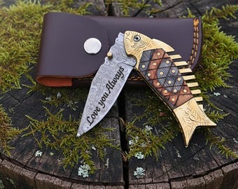 Custom Hand forged Damascus steel Pocket folding Camping tool, Anniversary Gift for Him,gift for dad, Boyfriend Gift, Husband Gift, Best dad