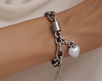 Pulsera gruesa dorada con candado en forma de corazón – Cadena de acero inoxidable con dije de corazón para mujer