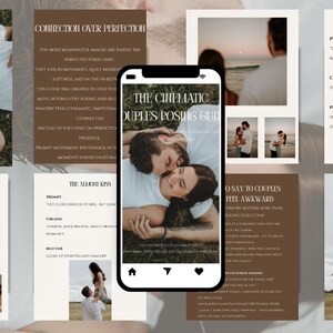 Może przedstawiać: Zbiór drukowanych przewodników i smartfon z napisem "THE CINEMATIC COUPLES POSING GUIDE". Przewodniki zawierają zdjęcia par w różnych pozach, z tekstem i elementami graficznymi w odcieniach brązu i bieli. Smartfon jest czarny.