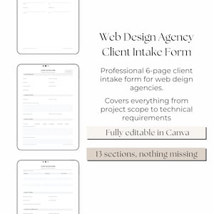 Webdesign-Unternehmens-Kunde Intake Form | Bearbeitbare Canva Vorlage | Einstellungs-Formular | Druckbares PDF