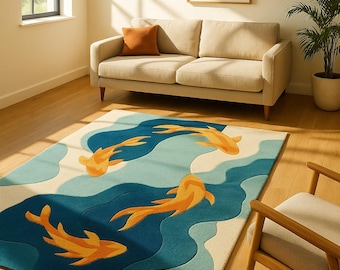 Hand-Tufted Wool Koi Fish Rug | Japanese Zen Decor
