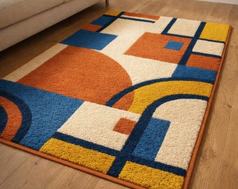 Handmade Abstract Geometric Wool Rug | Modern Color Block Tufted Carpet | Mid-Century Style Area Rug | Living Room Bedroom Home Decor