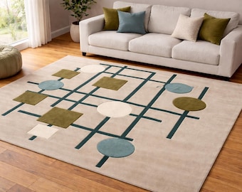Handgetuft wollen vloerkleed | Modern abstract geometrisch vloerkleed | Neutraal statement uit het midden van de eeuw voor woonkamer 9 x 12 inch