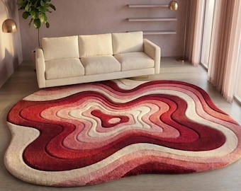 Irregular Wavy Abstract Wool Rug, Hand Tufted Organic Shape Area Rug, Modern Statement Rug 8x10 ft