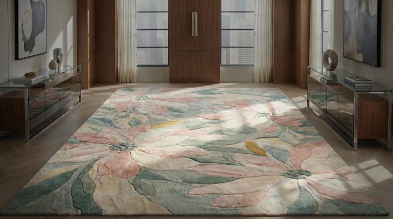 Sage Blush Floral Tufted Wool Rug | Modern Botanical Hand Tufted Rug ...