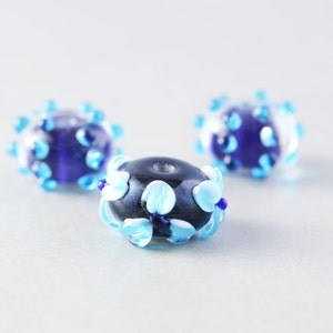 Navy Blue Beads, Lampwork Beads, Flower Beads, Polka Dot Glass, Three
