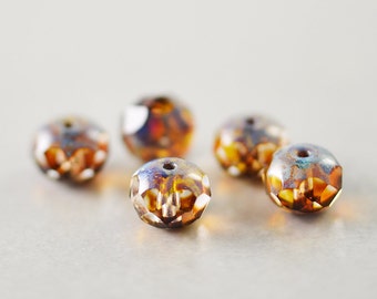 Brown Aqua Beads, Czech Glass, 8mm Picasso Beads, Five