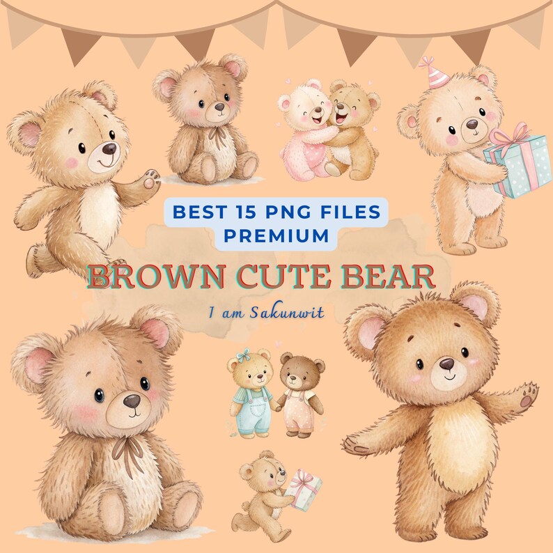 Watercolor Teddy Bear Clipart Bundle: Baby Shower, Nursery Art (PNG ...