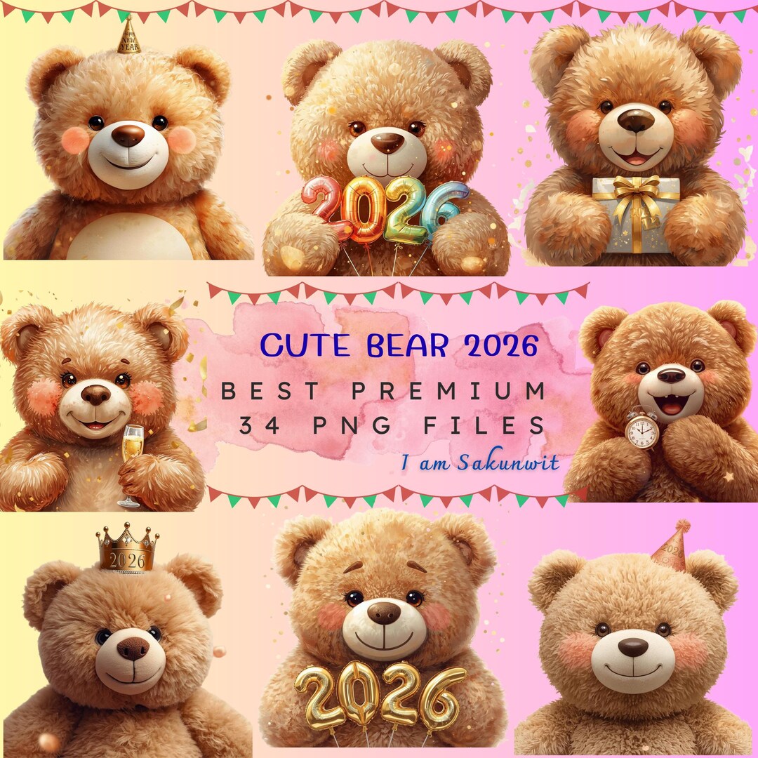 Watercolor Teddy Bear 2026 Clipart 34 New Year Pngs PDF Download Etsy