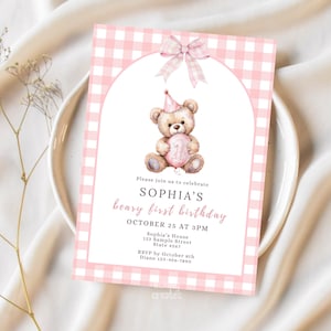 Teddy Bear Party Invite Beary First Birthday Invitation Template 1st Birthday Baby Girl Bear Invite Pink Gingham Invitation Animal Party Hat