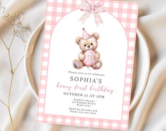 Teddy Bear Party Invite Beary First Birthday Invitation Template 1st Birthday Baby Girl Bear Invite Pink Gingham Invitation Animal Party Hat