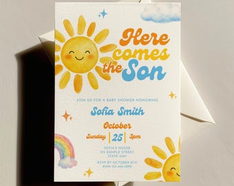Here Comes the Son Baby Shower Invitation Sunshine Baby Shower Invite Boho Sun Boy Baby Shower Digital Evite Sunshine-Themed Baby Sprinkle