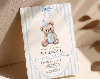 Beary First Birthday Invitation Teddy Bear 1st Birthday Invite Baby Boy Evite for Bear Birthday Theme Party Invite for Boy 1st Birthday