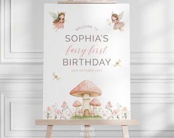 Cartello di benvenuto per il primo compleanno delle fate, cartello di benvenuto rosa per bambine, modello stampabile per festa in giardino incantato, modello modificabile per il primo compleanno