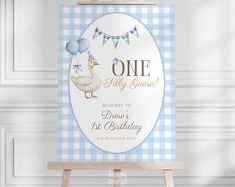 One Silly Goose First Birthday Boy Welcome Sign Blue Gingham 1st Birthday Template Editable