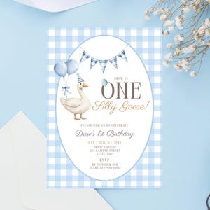 Silly Goose First Birthday Invitation Boy Blue Gingham 1st Birthday Template Editable