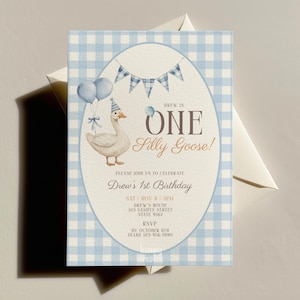 One Silly Goose First Birthday Invitation Template Silly Goose Party Invite for Boy 1st Birthday Baby Boy Blue Gingham Invite Editable