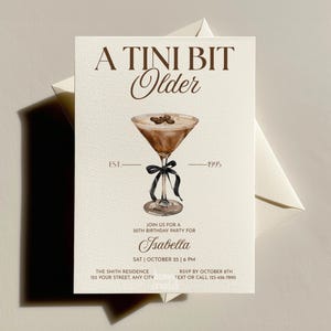 May include: A cream-colored birthday party invitation with the text "A Tini Bit Older" in brown. It features a watercolor illustration of a cocktail and the name "Isabella". The invitation includes event details and RSVP information.