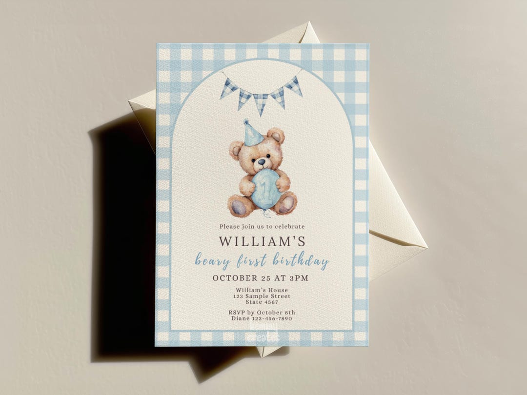 Beary First Birthday Invitation Template Teddy Bear-themed Party Invite ...