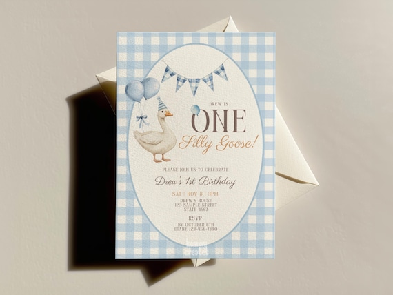 One Silly Goose First Birthday Invitation Template Silly Goose Party Invite for Boy 1st Birthday Baby Boy Blue Gingham Invite Editable