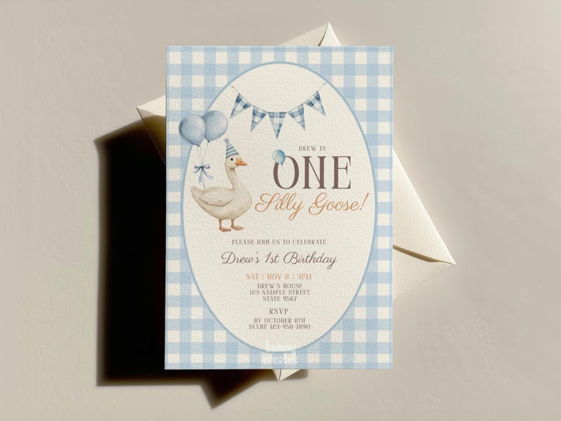 May include: A light blue gingham-patterned birthday invitation with a watercolor illustration of a goose wearing a party hat and holding balloons. The text reads "Drew's 1st Birthday". An envelope is behind the invitation.