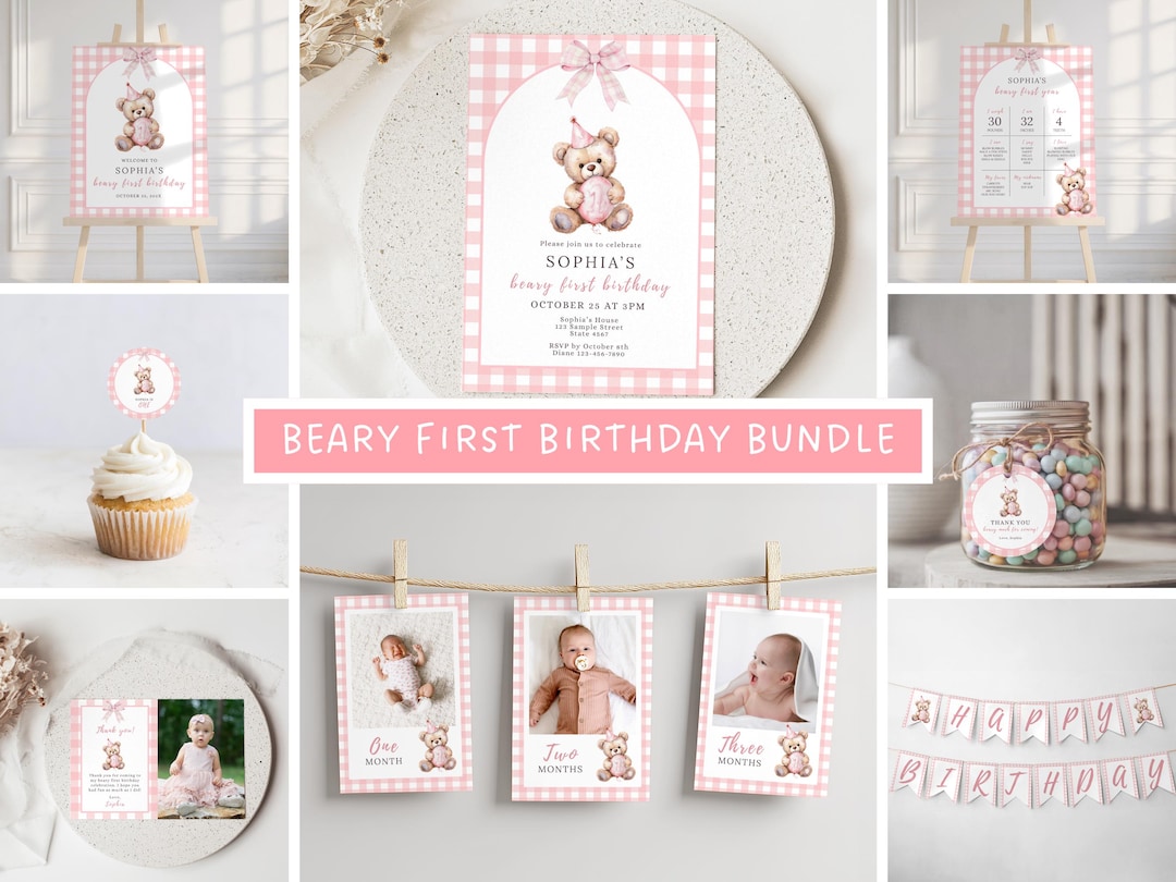Beary First Birthday Invitation Bundle Teddy Bear Party Bundle Pink ...