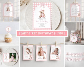 Beary First Birthday Invitation Bundle Teddy Bear Party Bundle Pink Decoration 1st Birthday Bundle Girl Bear Birthday Invite Gingham