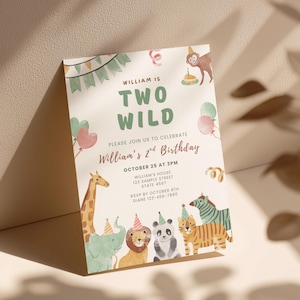 May include: A party invitation with the text "WILLIAM IS TWO WILD" and "William's 2nd Birthday". The invitation features watercolor illustrations of jungle animals, balloons, and party decorations. The date and time are also included.