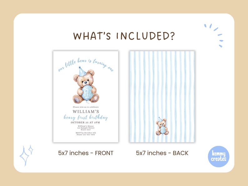 May include: A light beige invitation set for a first birthday. The front features a watercolor teddy bear holding a blue balloon, with text that reads "our little bear is turning one" and event details. The back has blue vertical stripes and a small teddy bear. Each card is 5x7 inches.
