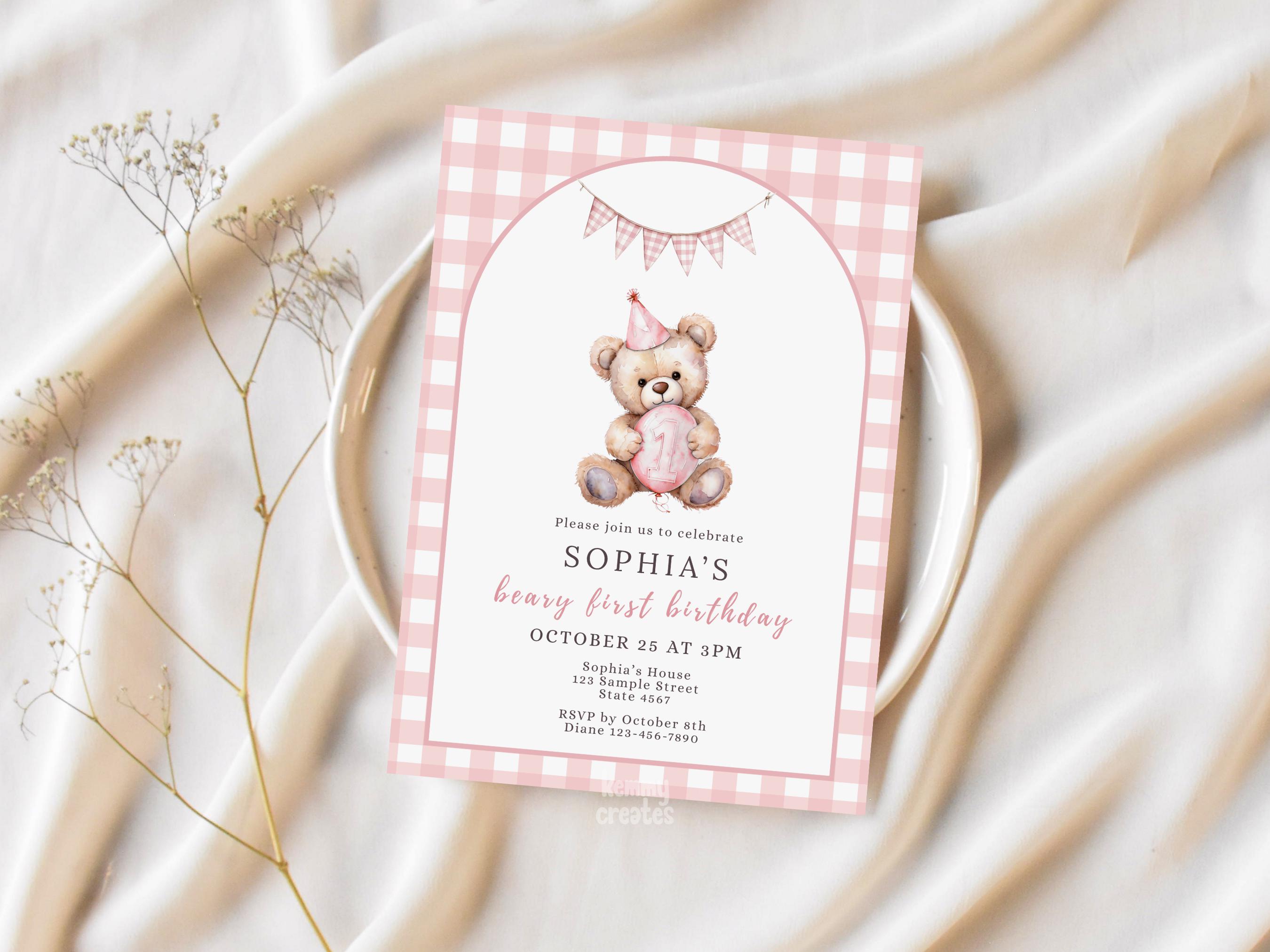 Teddy Bear Party Invite Beary First Birthday Invitation Template 1st ...