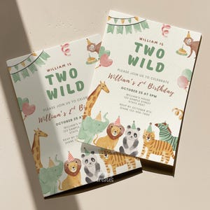 May include: Two invitations with a watercolor design for a child's second birthday. The invitations feature the text "TWO WILD" and include illustrations of animals like giraffes, lions, and zebras. The invitations also include the party details.