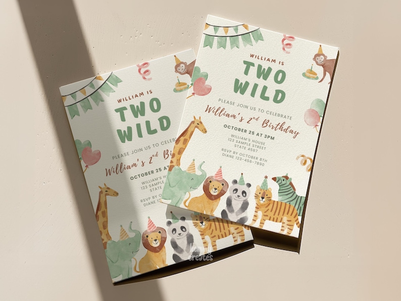 May include: Two invitations with a watercolor design for a child's second birthday. The invitations feature the text "TWO WILD" and include illustrations of animals like giraffes, lions, and zebras. The invitations also include the party details.