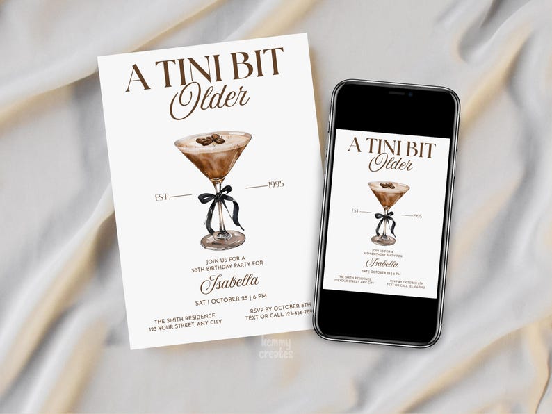 Tini Bit Older-festinbjudan Espresso Martini-födelsedagsinbjudningsmall Vuxen födelsedagsfestinbjudan Redigerbar rosettinbjudan till cocktailparty bild 4