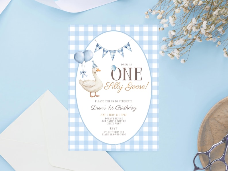 Silly Goose First Birthday Invitation Boy Blue Gingham 1st Birthday Template Editable