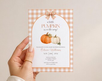 Little Pumpkin Fall Baby Shower Invitation Thanksgiving Baby Shower Invite Digital Fall Baby Shower Phone Invite Bow Gingham Editable Invite
