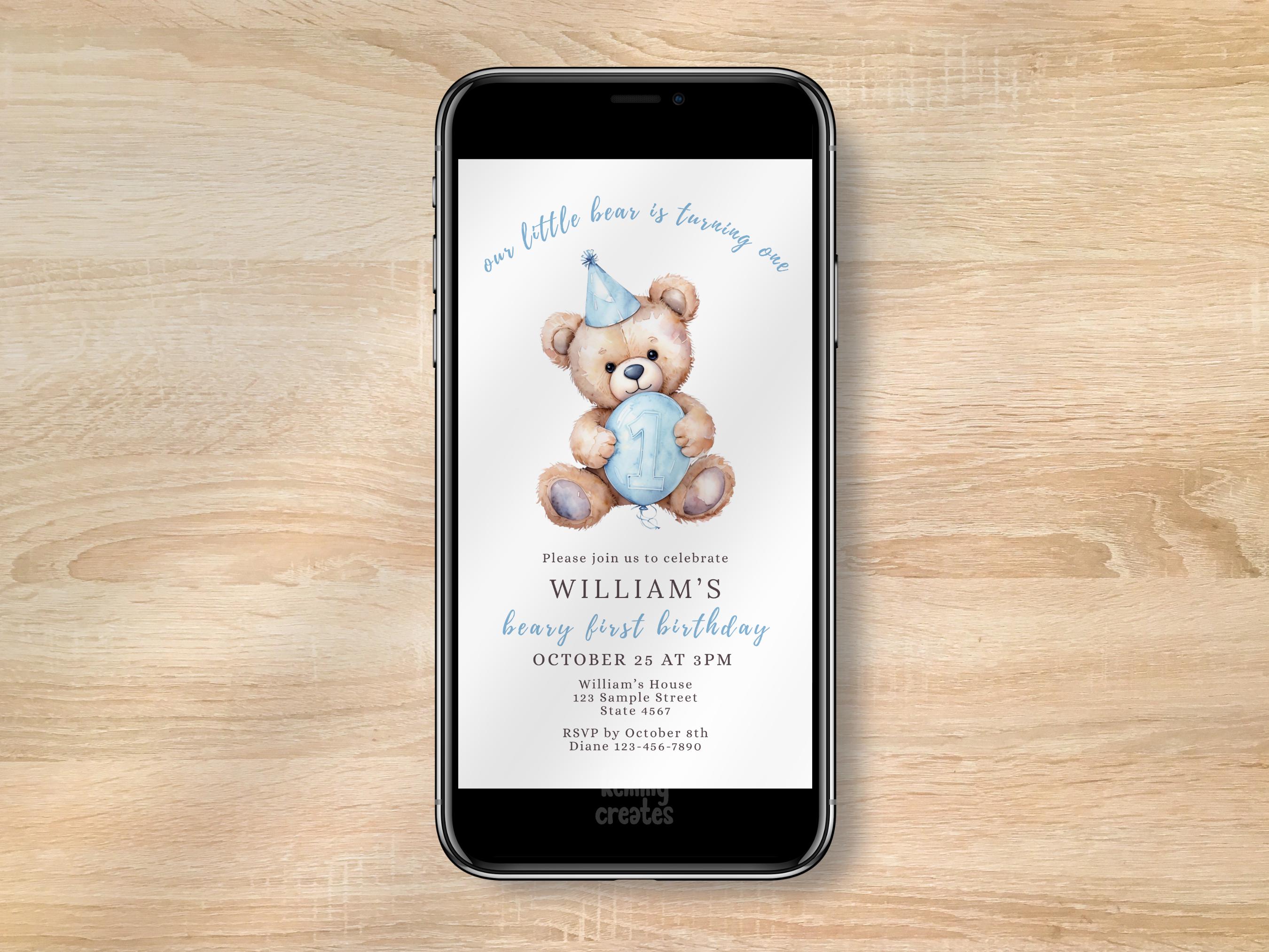 Beary First Birthday Invitation Teddy Bear Digital Invite First ...