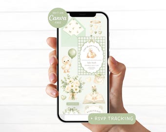 May include: A smartphone screen displaying a digital baby shower invitation template with sage green gingham patterns, watercolor illustrations of ducks, a floral bouquet, a cake, and a mobile. The text reads A little silly goose is on the loose.