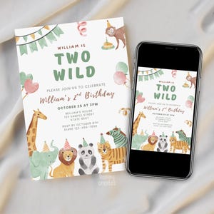 May include: A birthday invitation with the text "TWO WILD" and "William's 2nd Birthday". The invitation features watercolor illustrations of jungle animals, balloons, and a monkey. A smartphone displays the same design.