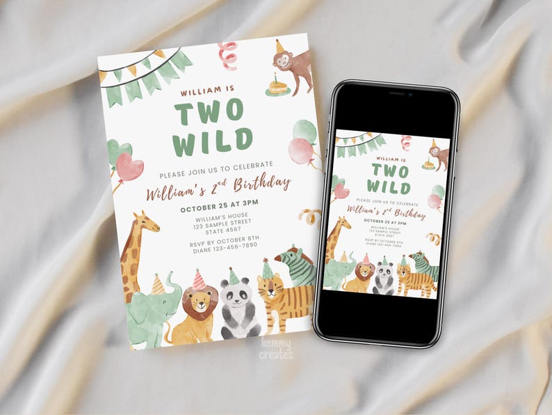 May include: A birthday invitation with the text "TWO WILD" and "William's 2nd Birthday". The invitation features watercolor illustrations of jungle animals, balloons, and a monkey. A smartphone displays the same design.