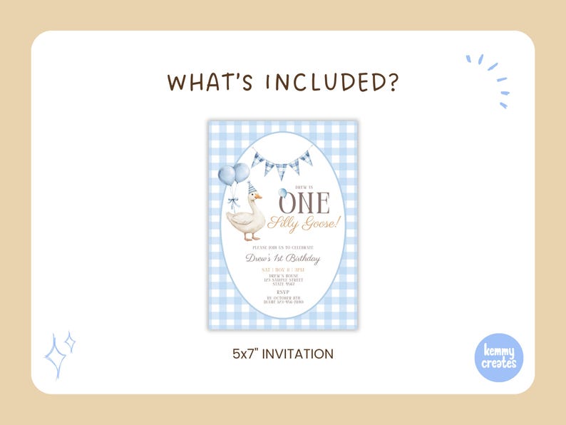 May include: A light blue and white gingham patterned invitation with the text "WHAT'S INCLUDED?" and "ONE Silly Goose!" The invitation features a cartoon goose, balloons, and a banner. The invitation is 5x7 inches.