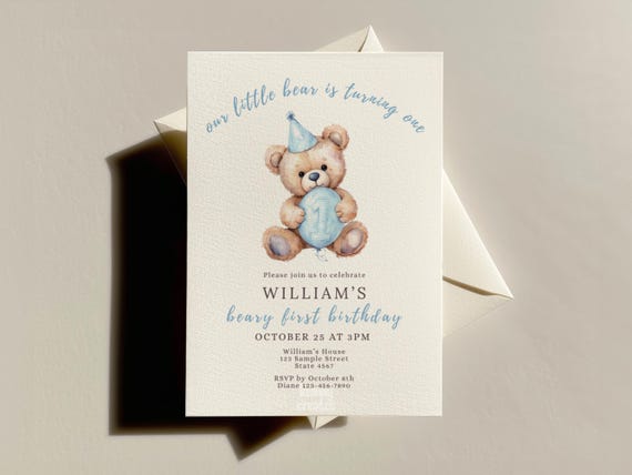 Beary First Birthday Invitation Template Teddy Bear Party Invite for Boy 1st Birthday Baby Boy Evite Bear Balloon