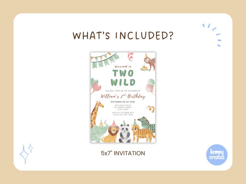 May include: A 5x7 inch invitation with a watercolor design for a child's second birthday. The invitation features the text "TWO WILD" and illustrations of jungle animals, including a giraffe, lion, panda, and tiger. The invitation also includes the text "William's 2nd Birthday".