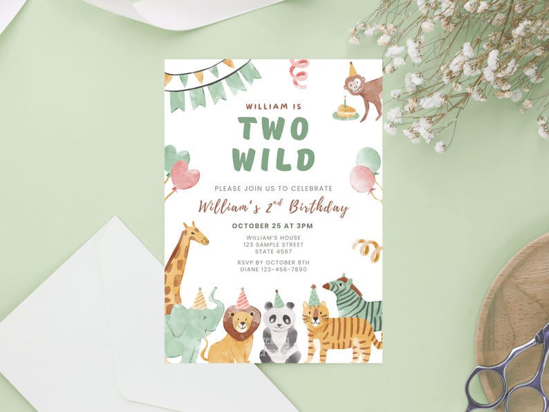 May include: A birthday invitation with a watercolor safari animal theme. The text reads "William is Two Wild" with details for the party. The invitation features a giraffe, elephant, lion, panda, tiger, and zebra.