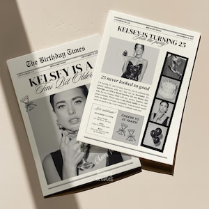 May include: Two monochrome newspaper-style invitations. Headlines state "KELSEY IS TURNING 25" and "KELSEY IS A Tini Bit Older". The invitations include photos of a woman and text detailing a birthday celebration.