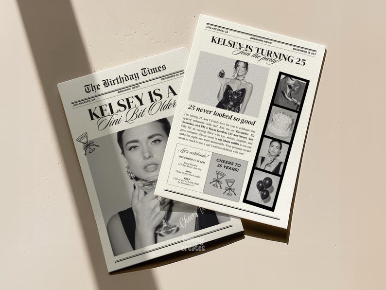 May include: Two monochrome newspaper-style invitations. Headlines state "KELSEY IS TURNING 25" and "KELSEY IS A Tini Bit Older". The invitations include photos of a woman and text detailing a birthday celebration.
