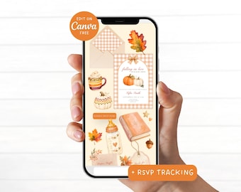 May include: A digital invitation template displayed on a smartphone screen featuring watercolor autumn illustrations including pumpkins, a mug, a baby bottle, a book, and leaves. The central invitation card displays the text falling in love.