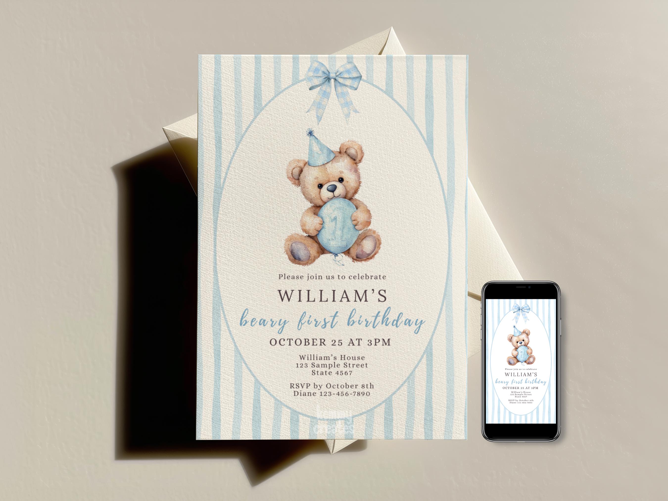 Beary First Birthday Invitation Teddy Bear 1st Birthday Invite Baby Boy ...